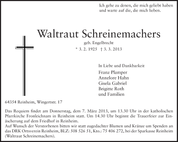 Traueranzeige von Waltraut Schreinemachers von Darmstädter Echo